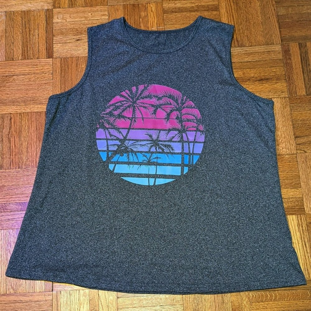 Grey & Ombre Pink Palm Tree Tank Top ~ Ladies‎ Plus 3XL